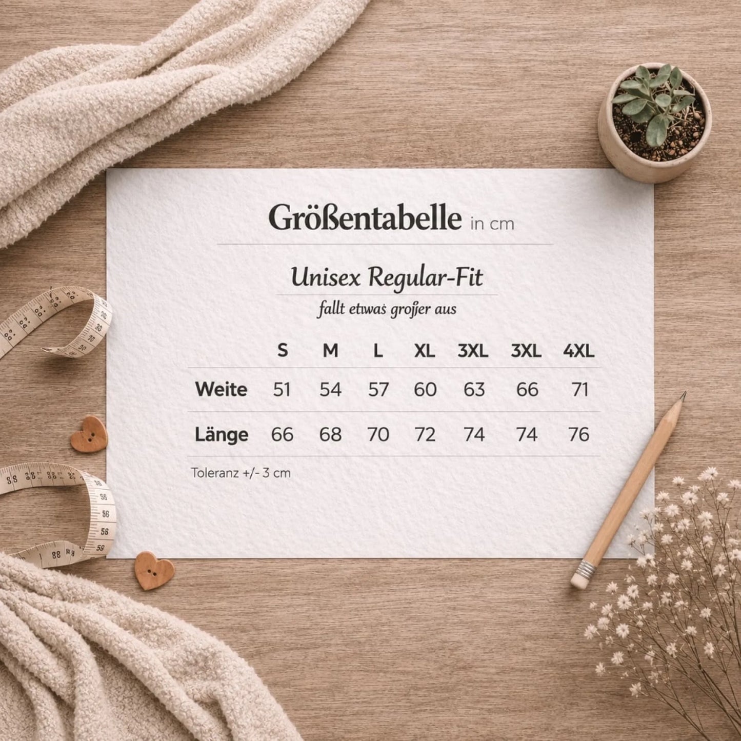 Größentabelle T-Shirt Unisex