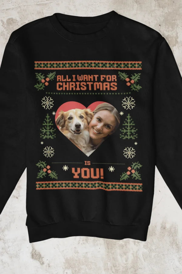 All I want - mit Foto -Weihnachtspullover - Individuelles Premium Sweatshirt (Unisex)