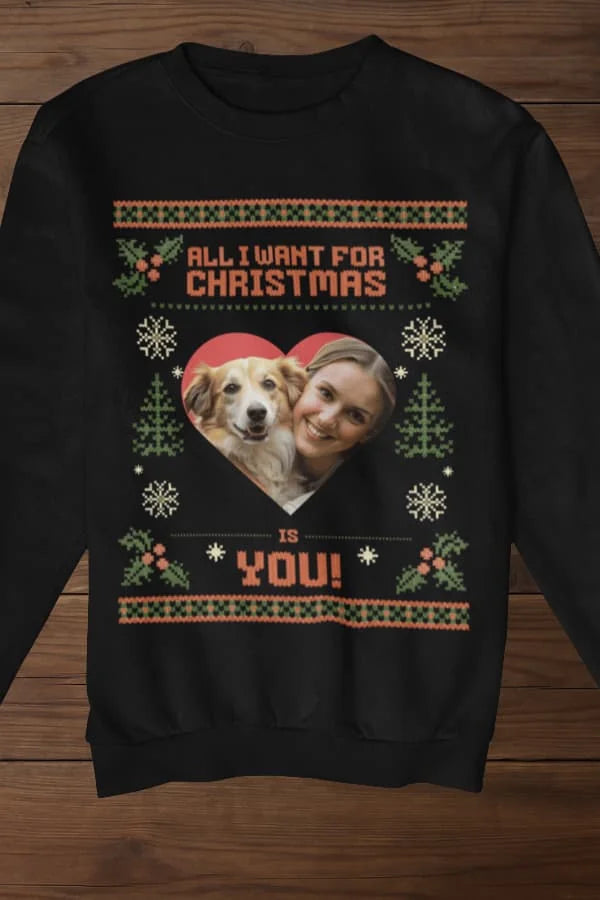 All I want - mit Foto -Weihnachtspullover - Individuelles Premium Sweatshirt (Unisex)