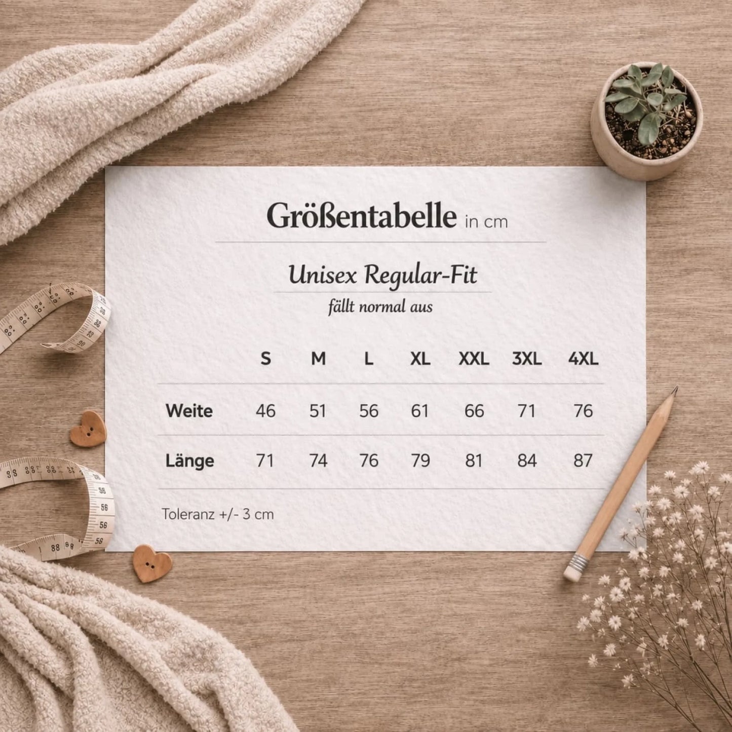 Größentabelle T-Shirt Unisex