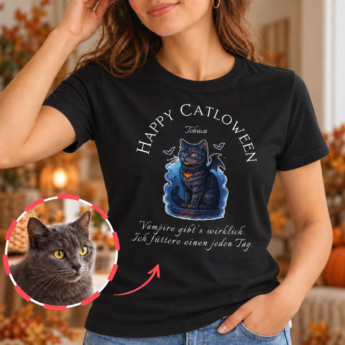 Happy Catloween Vampir T-Shirt - Eigenes Bild + Name