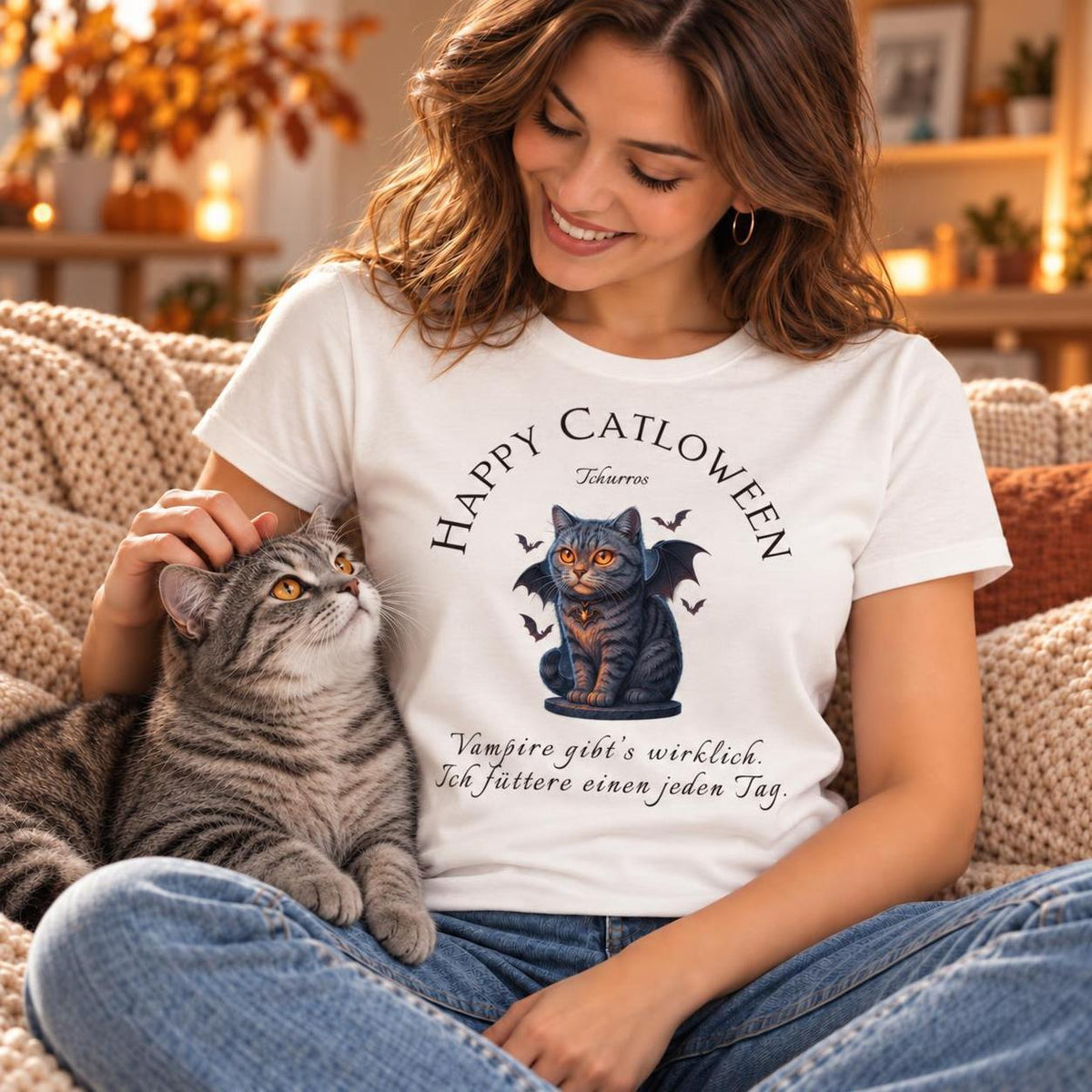 Happy Catloween Vampir T-Shirt - Eigenes Bild + Name