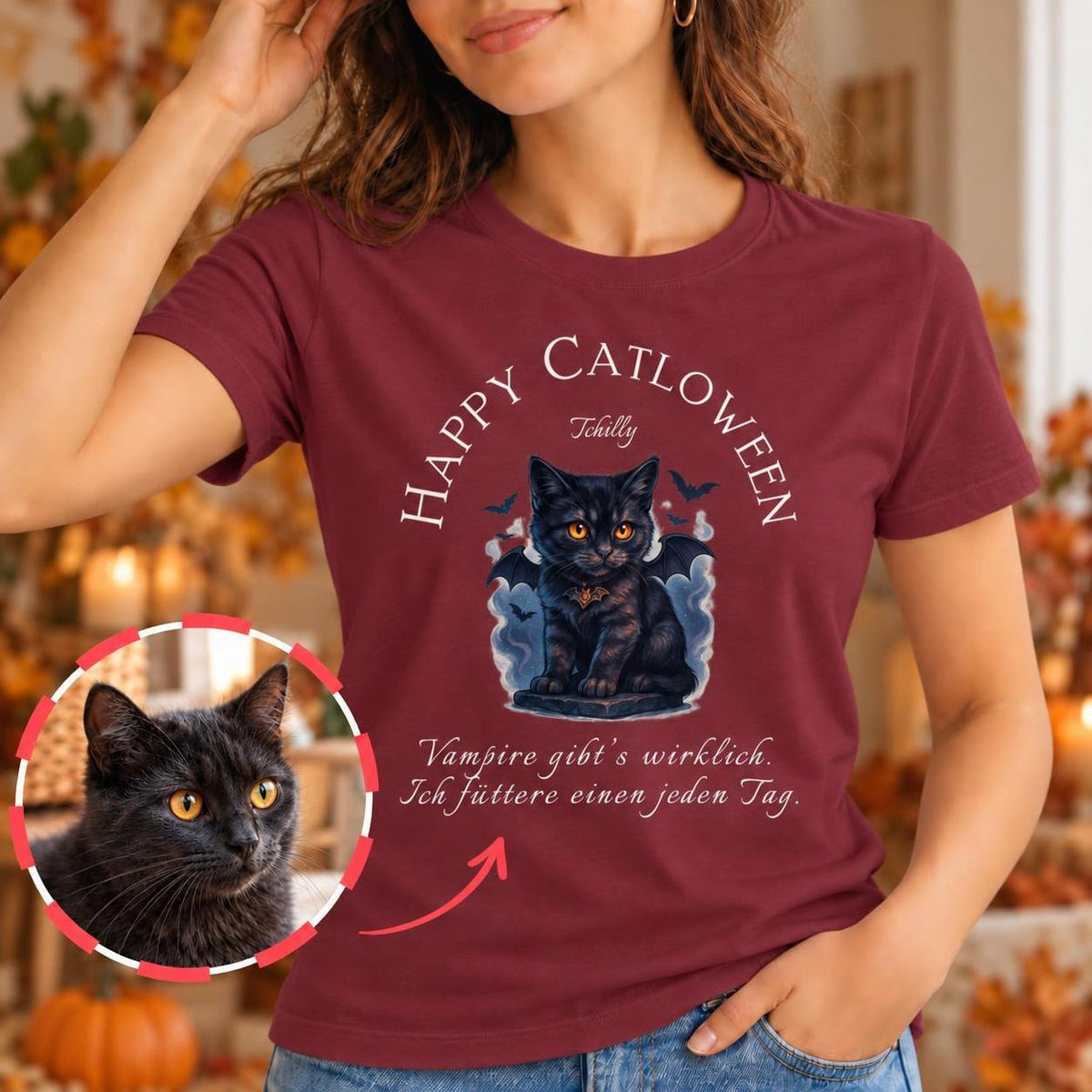 Happy Catloween Vampir T-Shirt - Eigenes Bild + Name